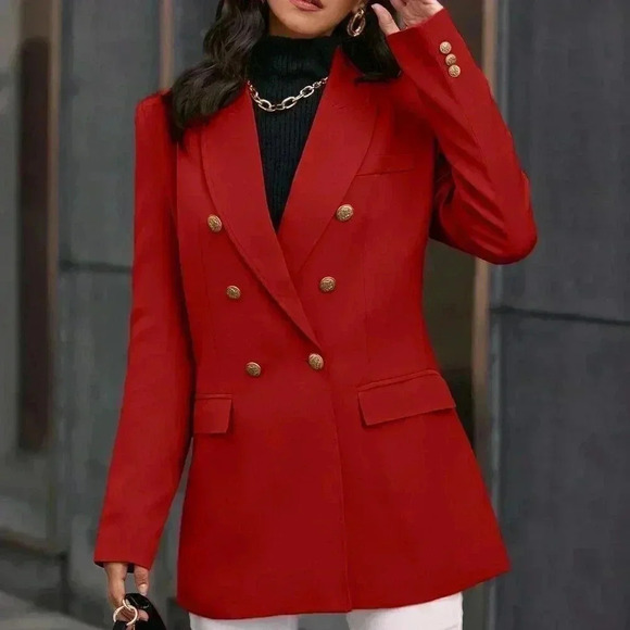 Red Elegant Women's work chic Lapel Neck Double Breasted Blazer - Picture 4 of 6